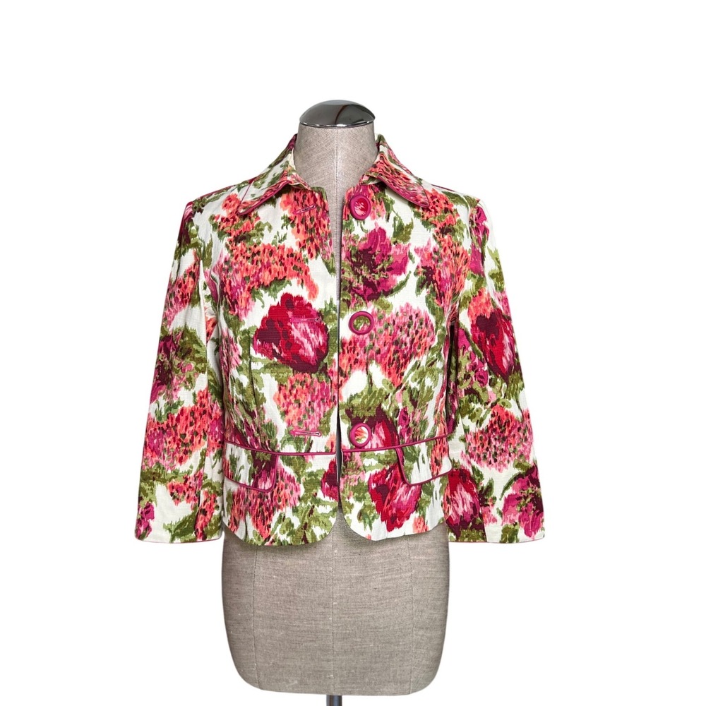 Bandolino Y2K Floral Pink Green Cropped Cotton Stretch Piped Jacket Petite 4P